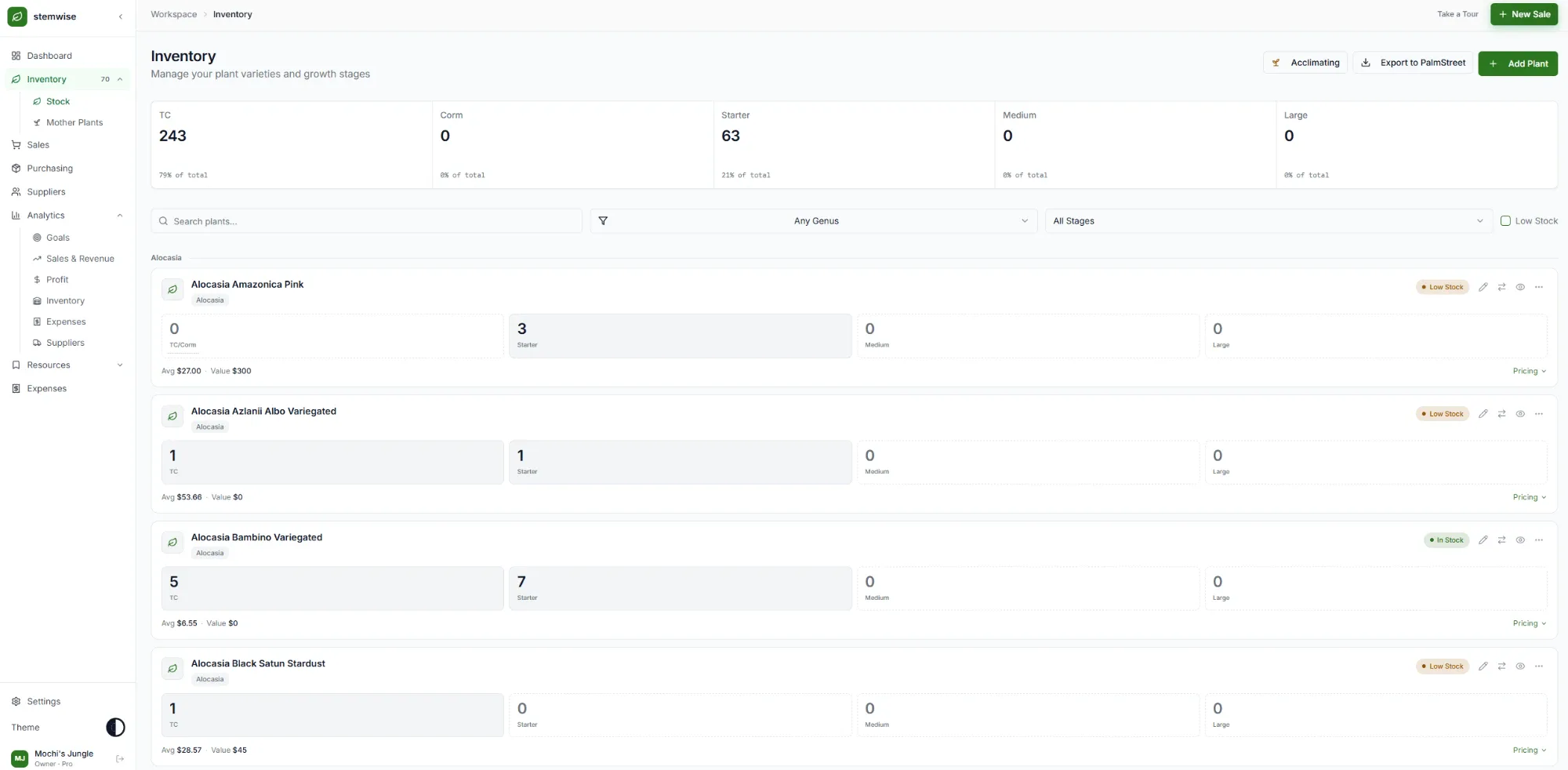 The Stemwise inventory page