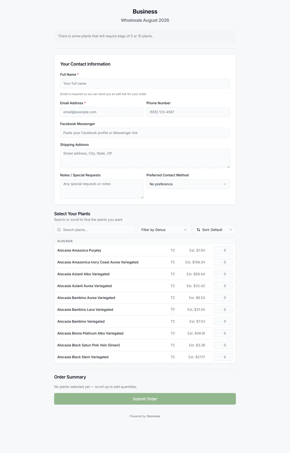 The live Stemwise presale order form, empty